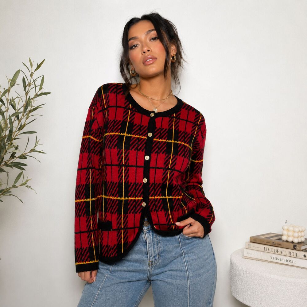 Vintage Tally Ho Plaid Cardigan Plus Size 1X Gold Crest Buttons
